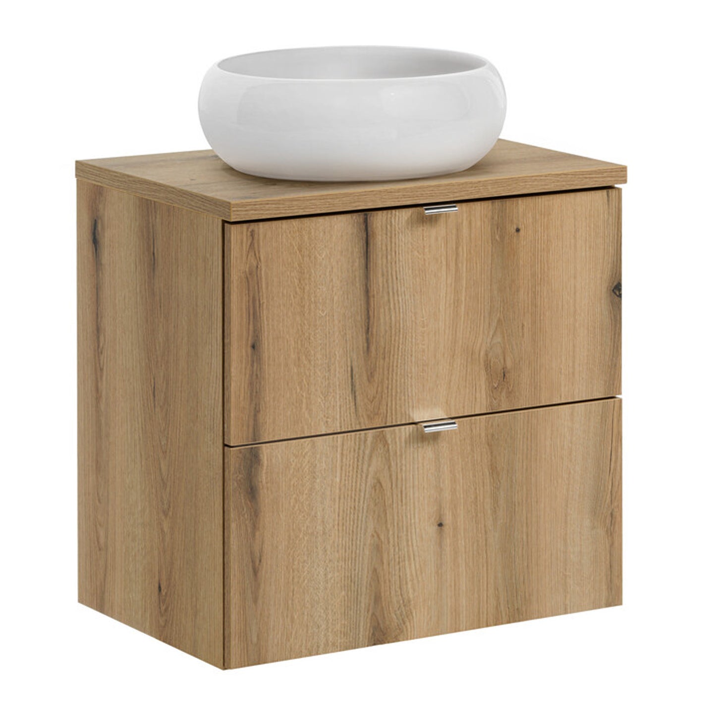 Dove Bathroom Vanity Cabinets Set with Round Worktop Basin 60cm and Tall Cabinet - Evoke Oak