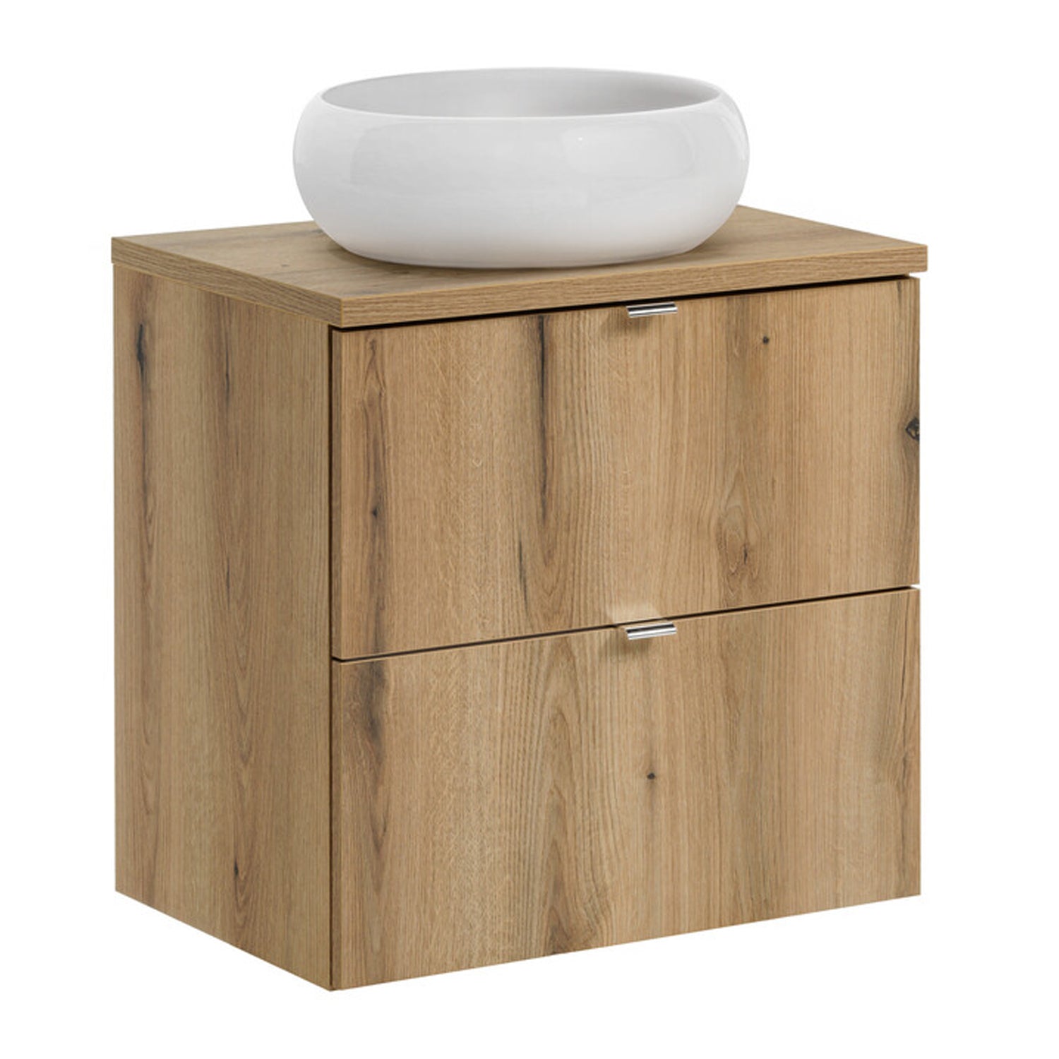 Dove Bathroom Vanity Cabinets Set with Round Worktop Basin 60cm and Tall Cabinet - Evoke Oak