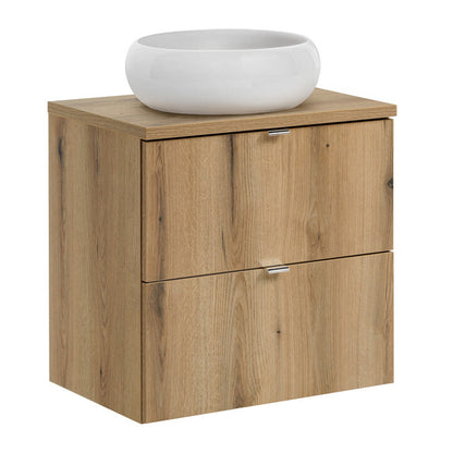 Dove Bathroom Vanity Cabinets Set with Round Worktop Basin 60cm and Tall Cabinet - Evoke Oak