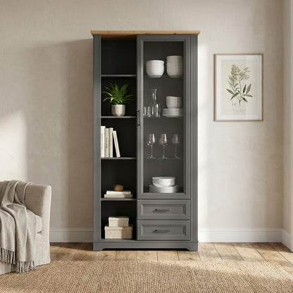 Toya Tall Showcase Cabinet with Glass Door - Graphite / Artisan Oak