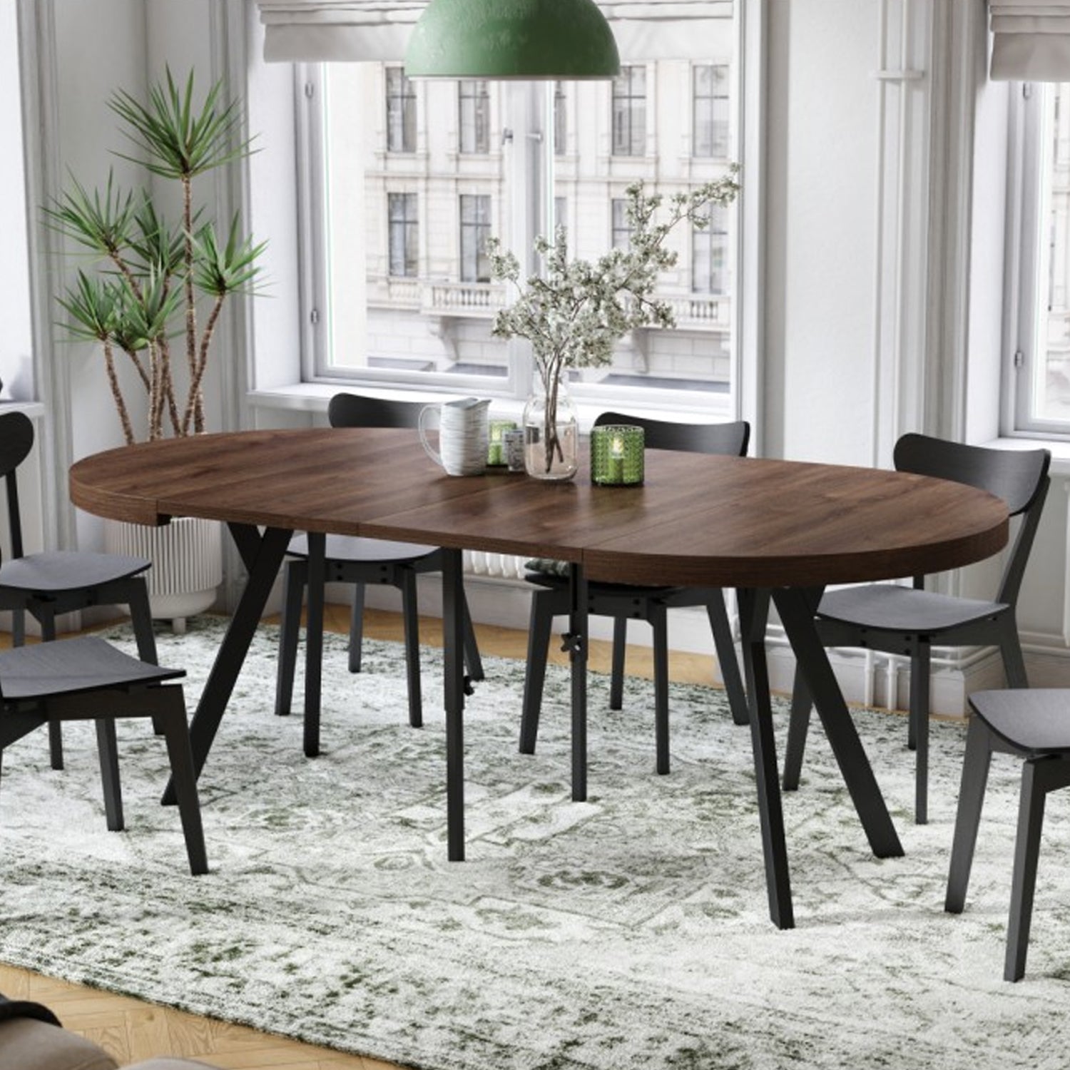 Expanso Round Extendable Dining Table with Y-Legs Loft - Brown Oak / Black