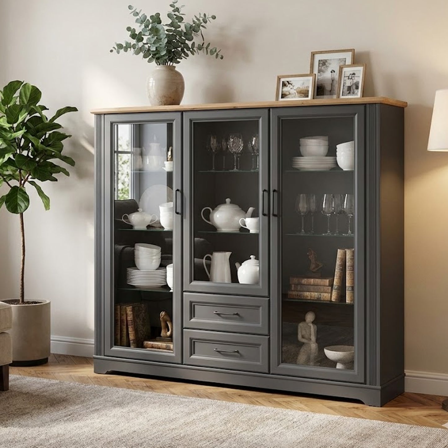 Toya Large Showcase Cabinet with Glass Doors and Drawers - Graphite / Artisan Oak