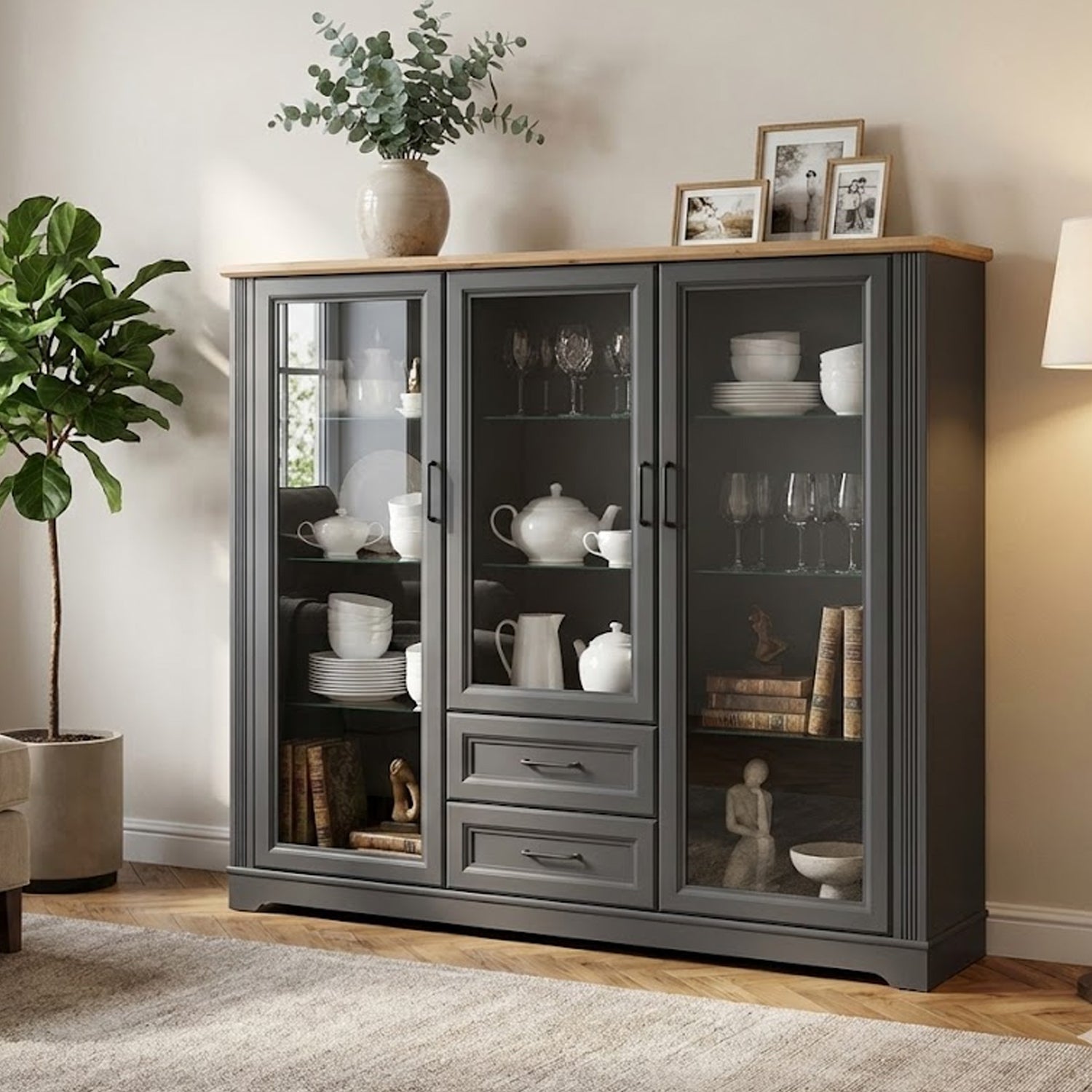 Toya Large Showcase Cabinet with Glass Doors and Drawers - Graphite / Artisan Oak