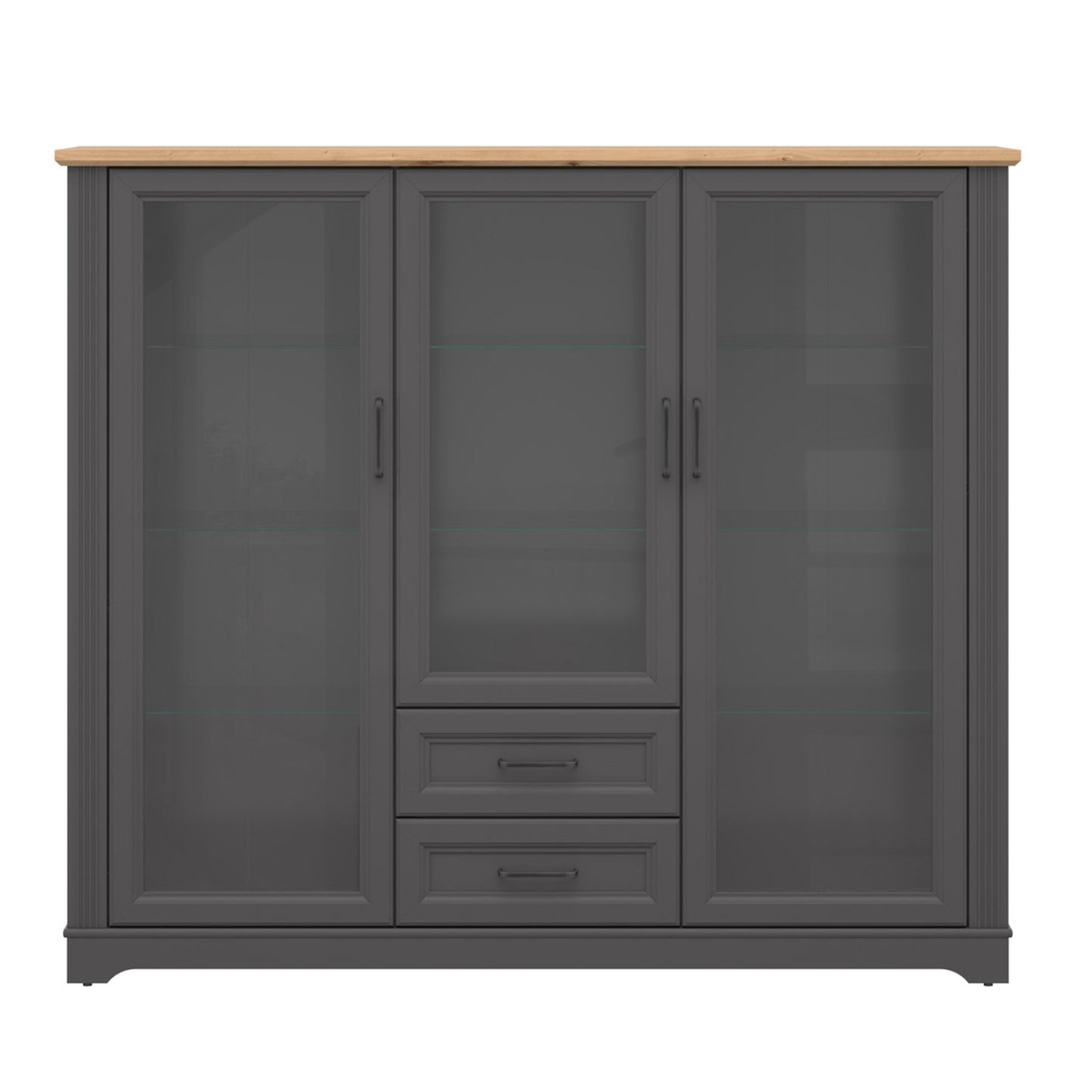 Toya Large Showcase Cabinet with Glass Doors and Drawers - Graphite / Artisan Oak