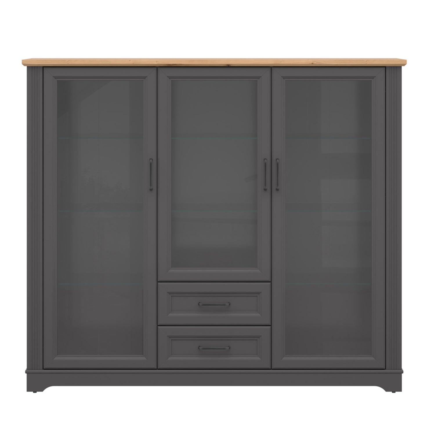 Toya Large Showcase Cabinet with Glass Doors and Drawers - Graphite / Artisan Oak