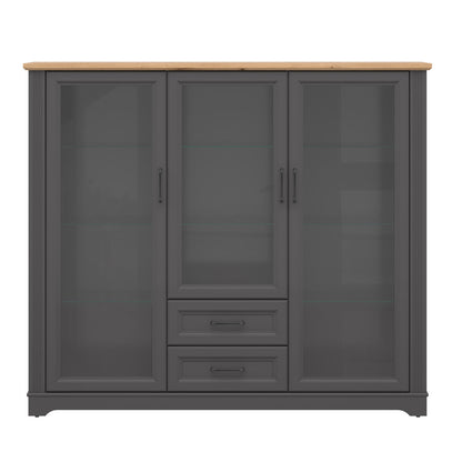Toya Large Showcase Cabinet with Glass Doors and Drawers - Graphite / Artisan Oak