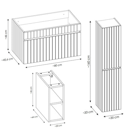 Iconic Bathroom Wall Mounted 100cm Vanity Unit Set with Tall Cabinet, Mirror and Worktop Basin - Rose