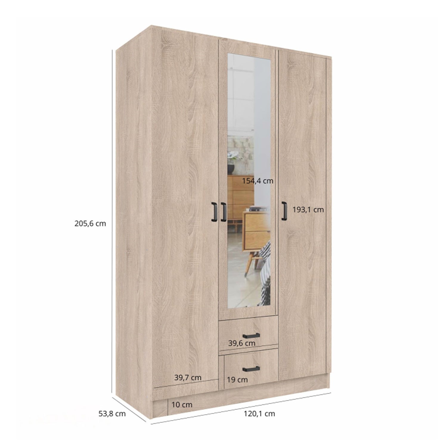 Theda Wardrobe with Mirror and Drawers - Sonoma Oak