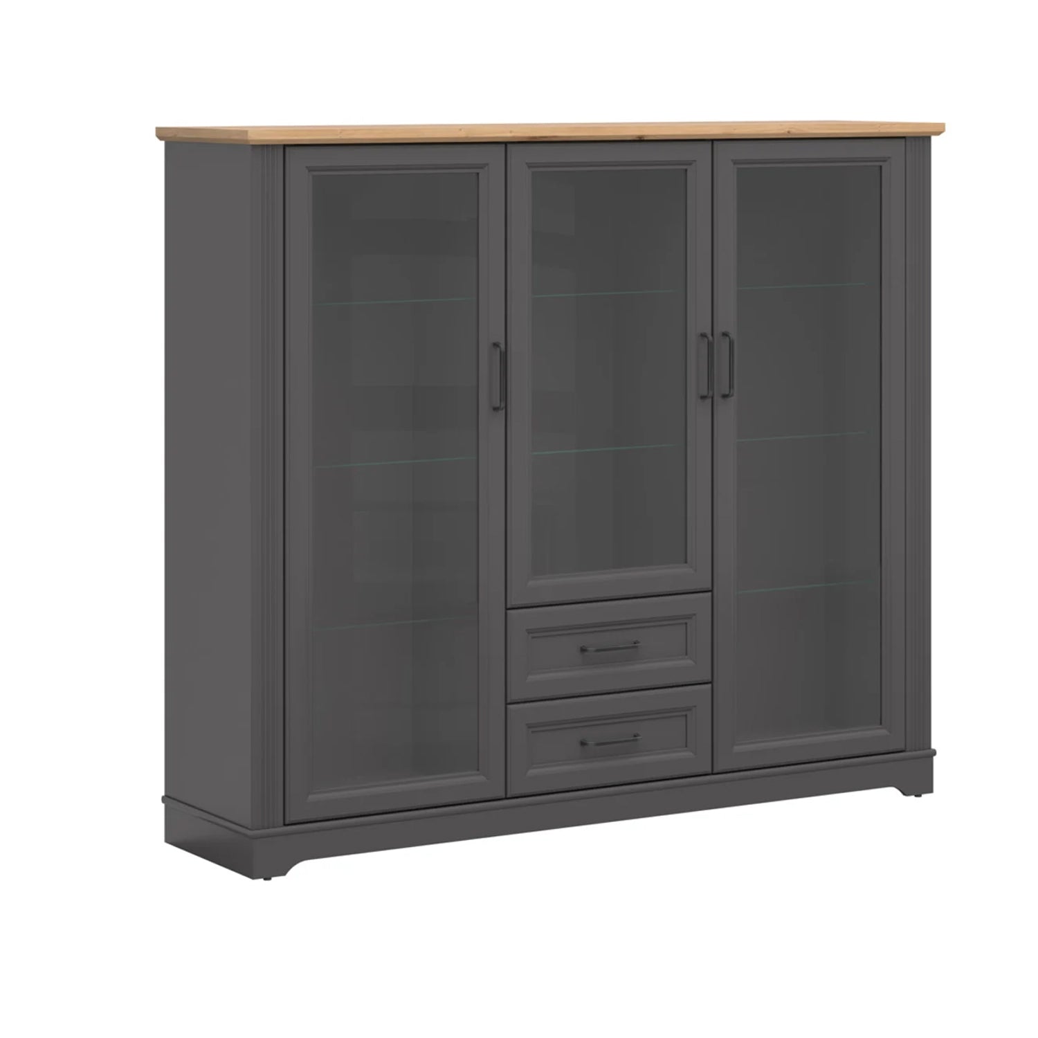 Toya Large Showcase Cabinet with Glass Doors and Drawers - Graphite / Artisan Oak