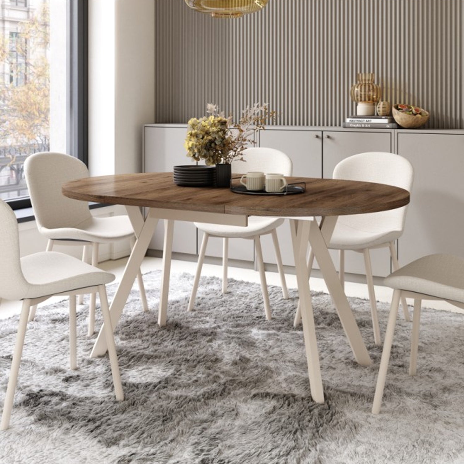 Aldo Modern Round to Oval Extending Dining Table with Steel Legs 90cm - Elegant Walnut / Beige