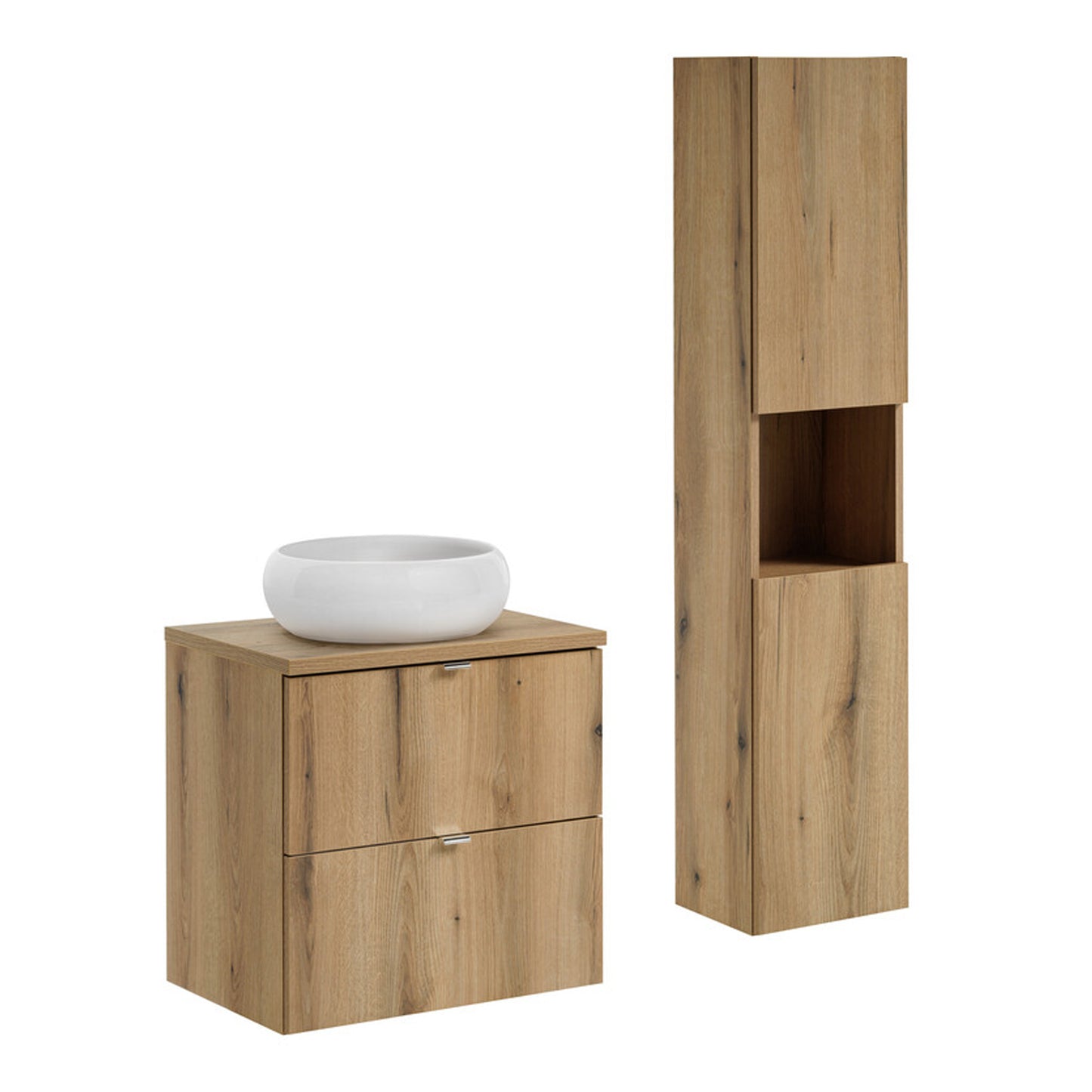 Dove Bathroom Vanity Cabinets Set with Round Worktop Basin 60cm and Tall Cabinet - Evoke Oak