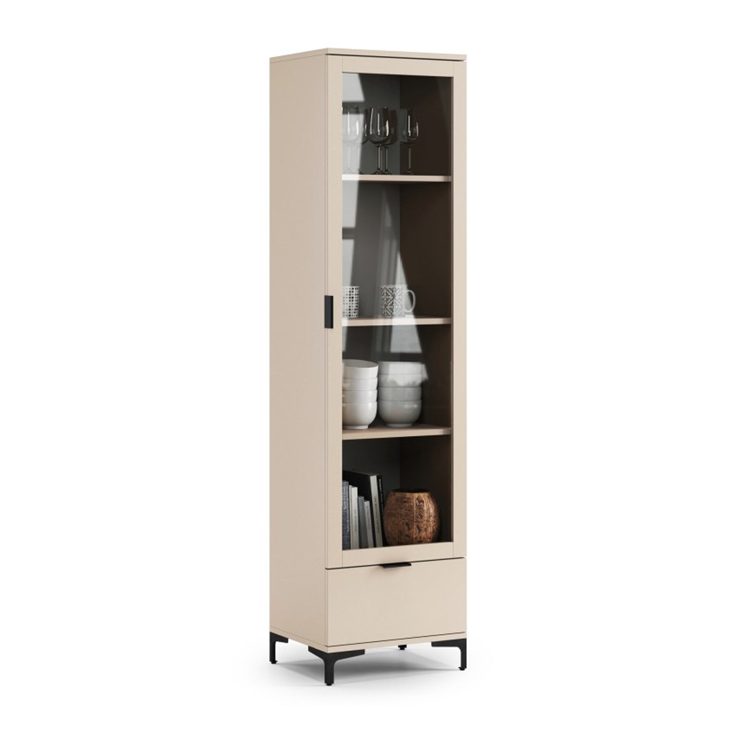 Lana Modern Display Cabinet with Glass Door and Drawer – Beige