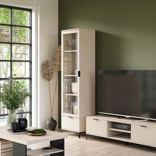 Lana Modern Display Cabinet with Glass Door and Drawer – Beige