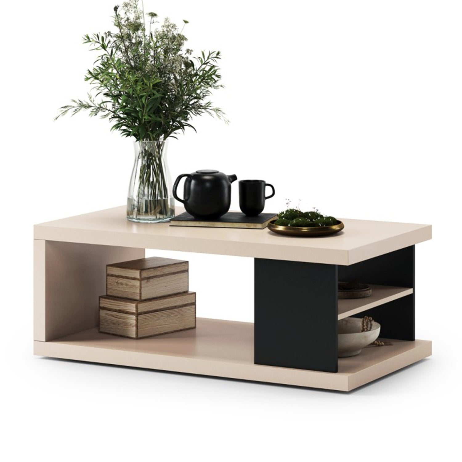 Lana Modern Coffee Table with Open Storage Shelves – Beige
