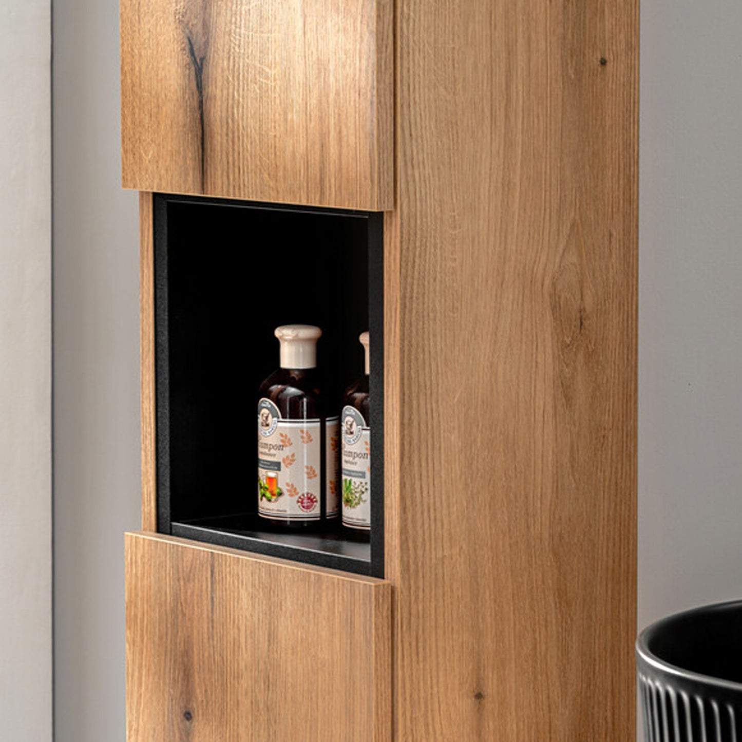 Dove Bathroom Vanity Cabinets Set with Round Worktop Basin 60cm and Tall Cabinet - Evoke Oak