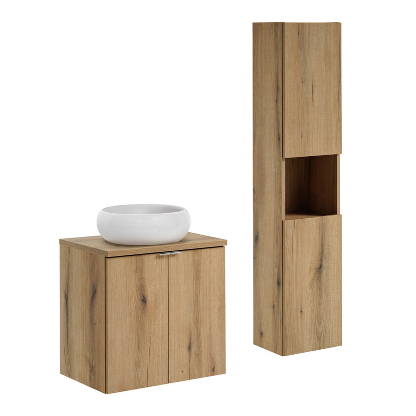 Dove Bathroom Vanity Cabinets Set with Round Worktop Basin 60cm and Tall Cabinet 2DT - Evoke Oak