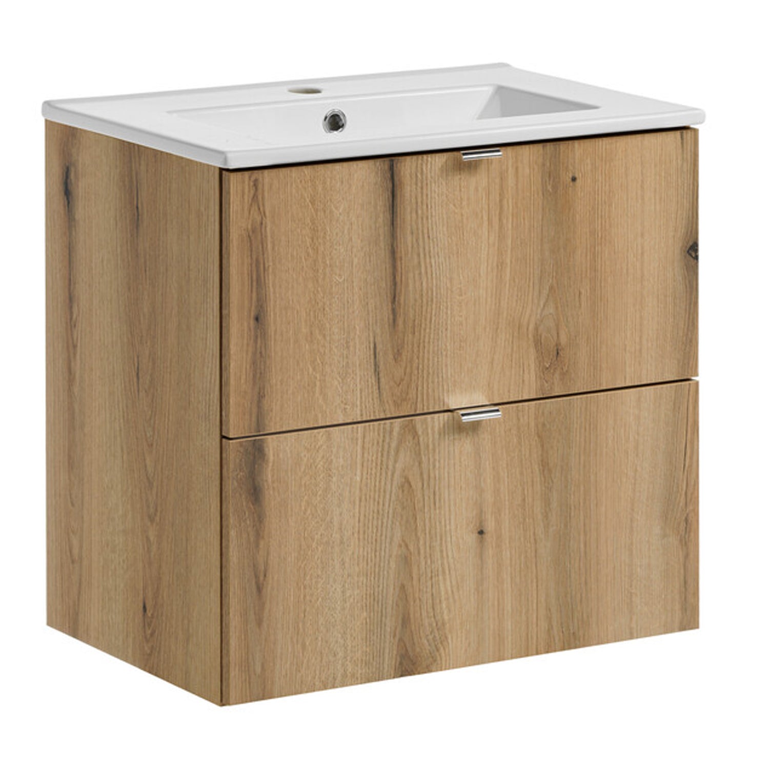 Dove 2 Drawer Bathroom Cabinet Vanity Unit with Built-In Basin 60cm - Evoke Oak