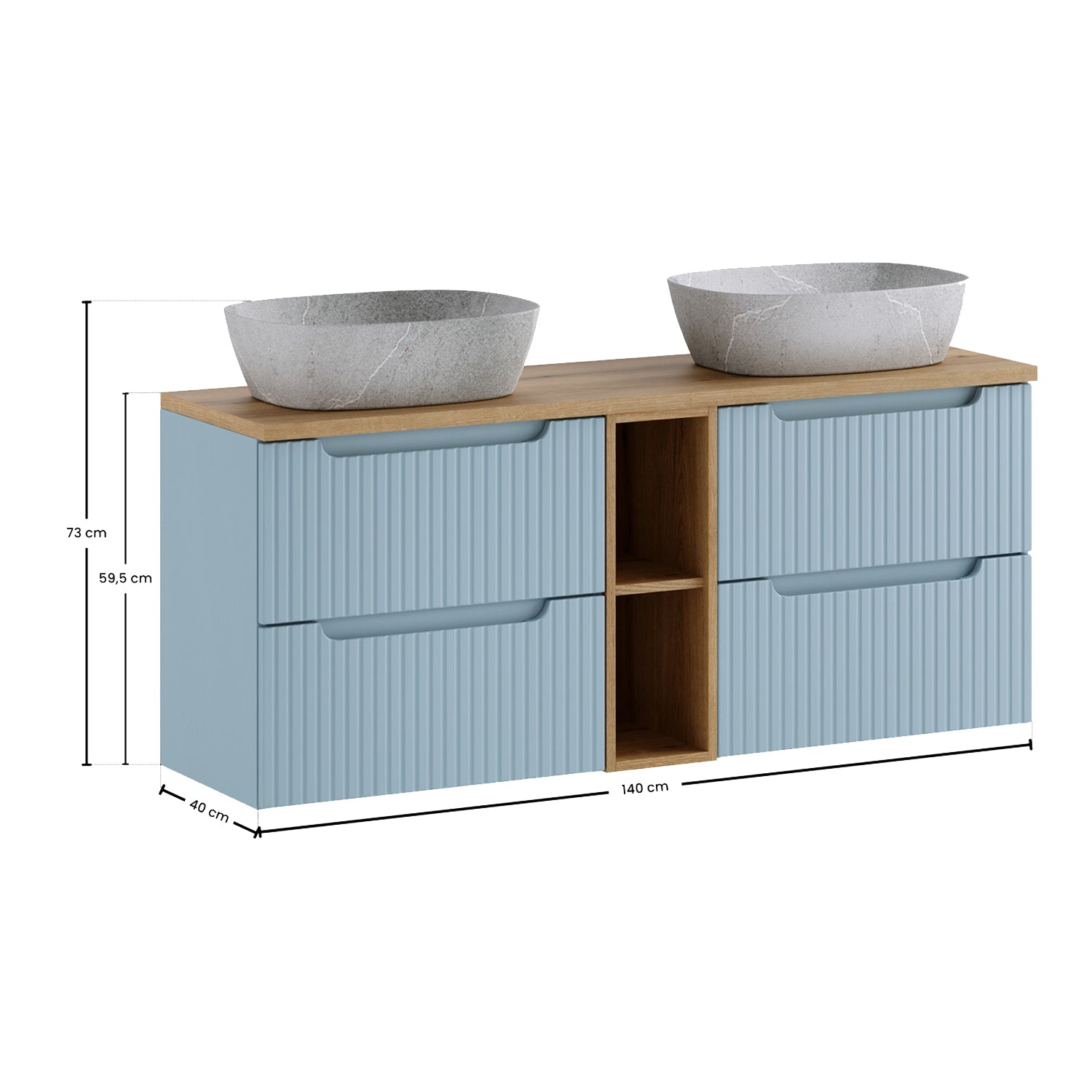Nova Bathroom Cabinet Set with Drawers, Oak Worktop , Basins and Tall Unit - Baby Blue