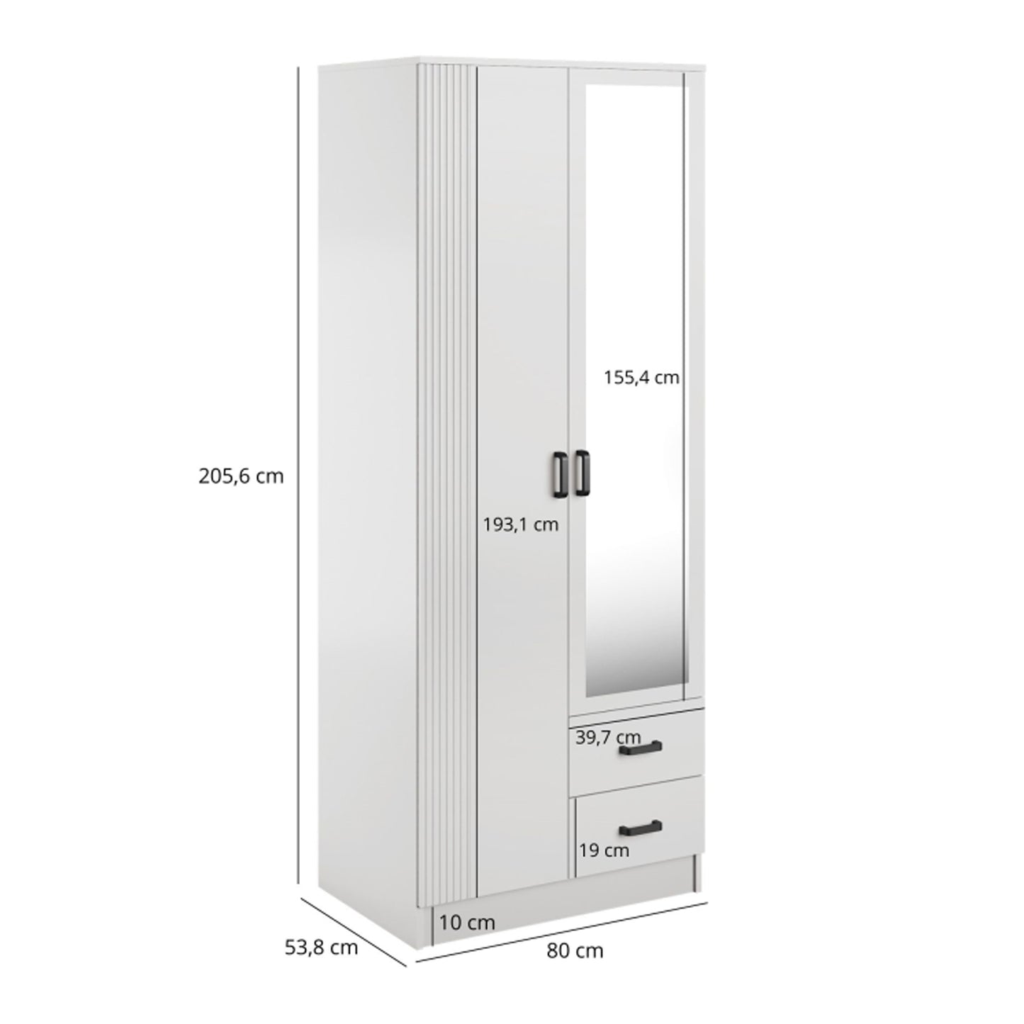 Suzanne 2 Door Fluted Design Mirrored Wardrobe with Drawers 80cm - White