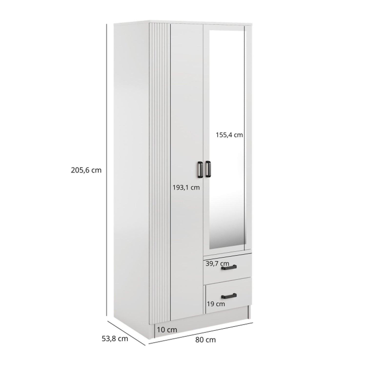 Suzanne 2 Door Fluted Design Mirrored Wardrobe with Drawers 80cm - White