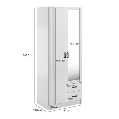 Suzanne 2 Door Fluted Design Mirrored Wardrobe with Drawers 80cm - White