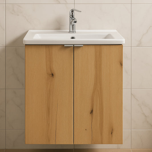 Dove 2 Door Bathroom Cabinet Vanity Unit with Built-In Basin 60cm - Evoke Oak