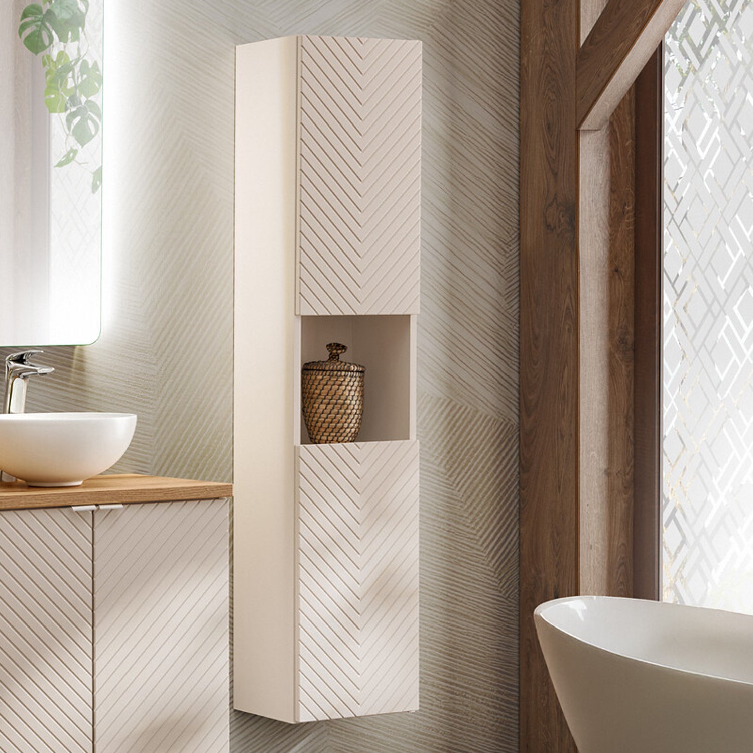 Viva Chevron Patterned Tall Bathroom Cabinet - Cashmere