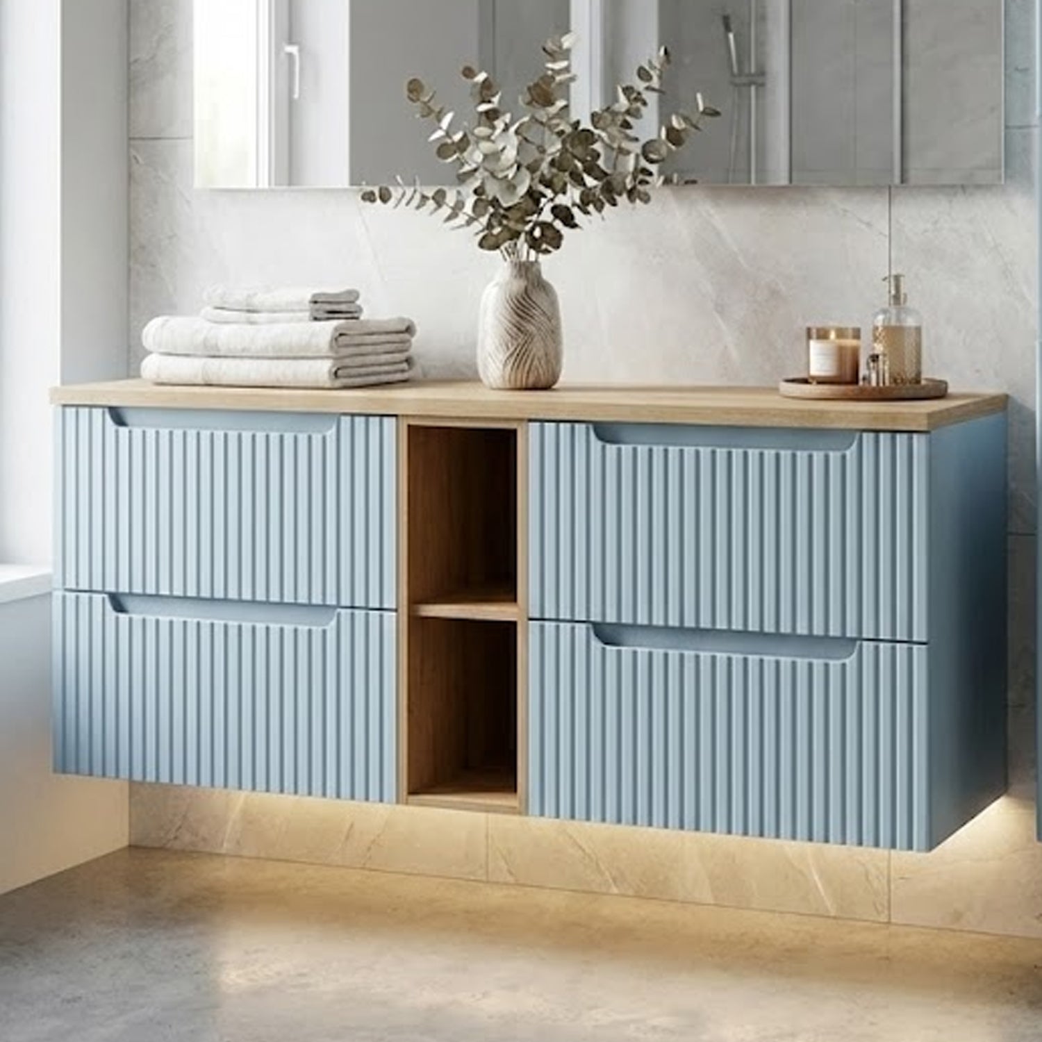 Nova Bathroom Cabinet 140cm with Worktop and Open Shelf - Baby Blue
