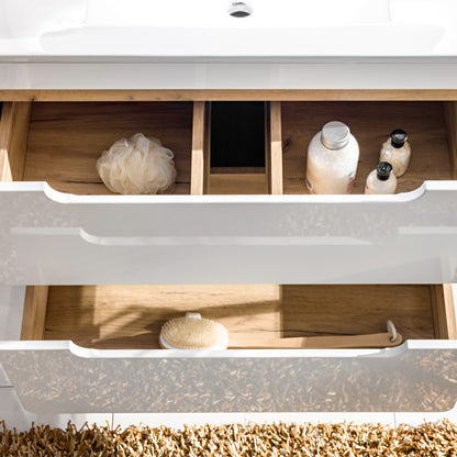 Aruba 2 Drawer Bathroom Cabinet Vanity Unit 50cm with Built-In Basin - Gold Craft Oak / White Gloss