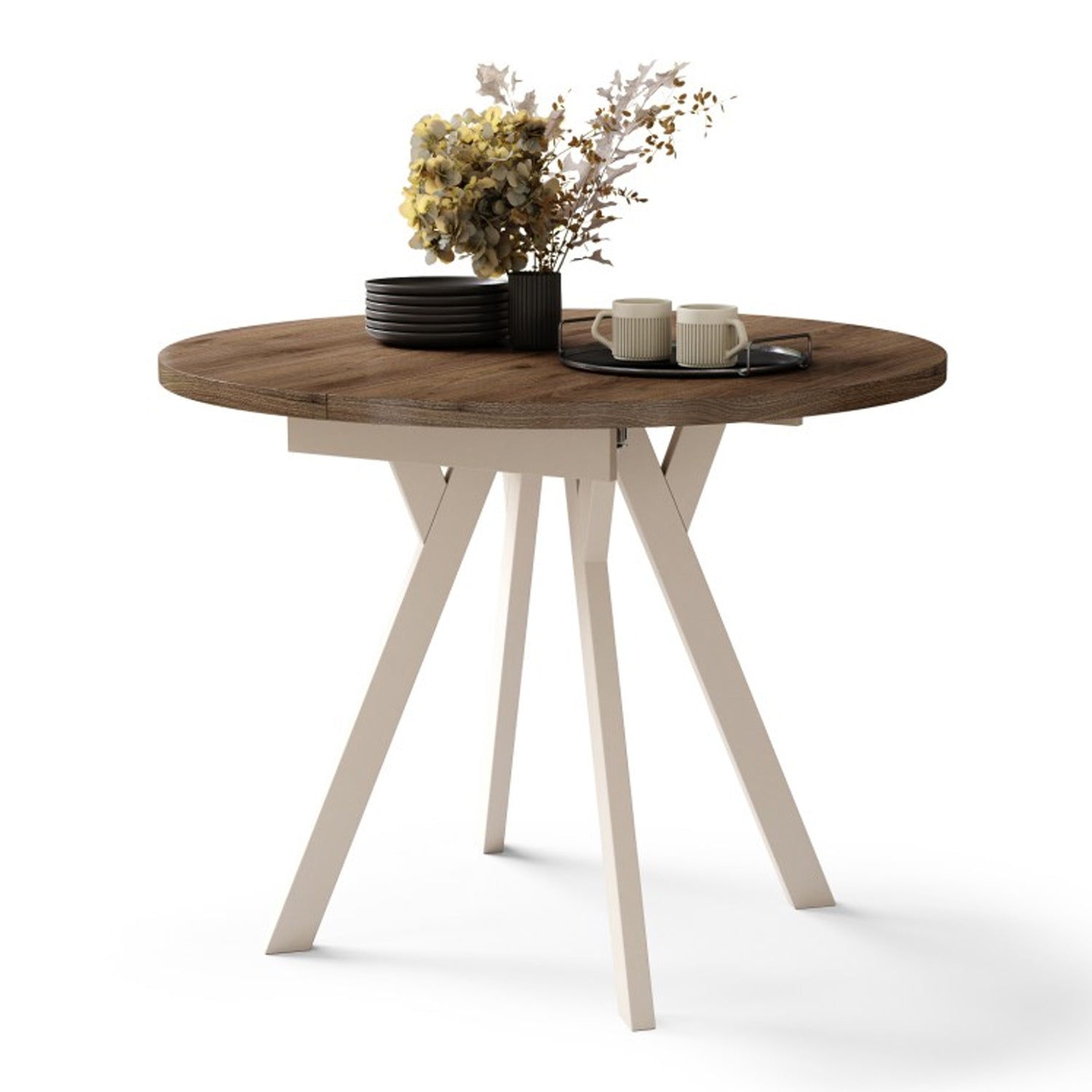 Aldo Modern Round to Oval Extending Dining Table with Steel Legs 90cm - Elegant Walnut / Beige