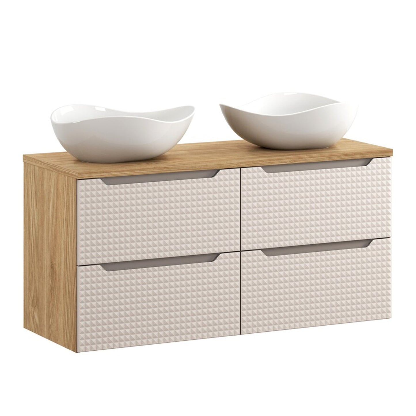 Luxor 3D Diamond Pattern 4 Drawer Bathroom Vanity Cabinet with 2 Round Worktop Basins 120cm - Oak / Beige