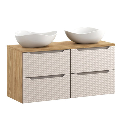 Luxor 3D Diamond Pattern 4 Drawer Bathroom Vanity Cabinet with 2 Round Worktop Basins 120cm - Oak / Beige