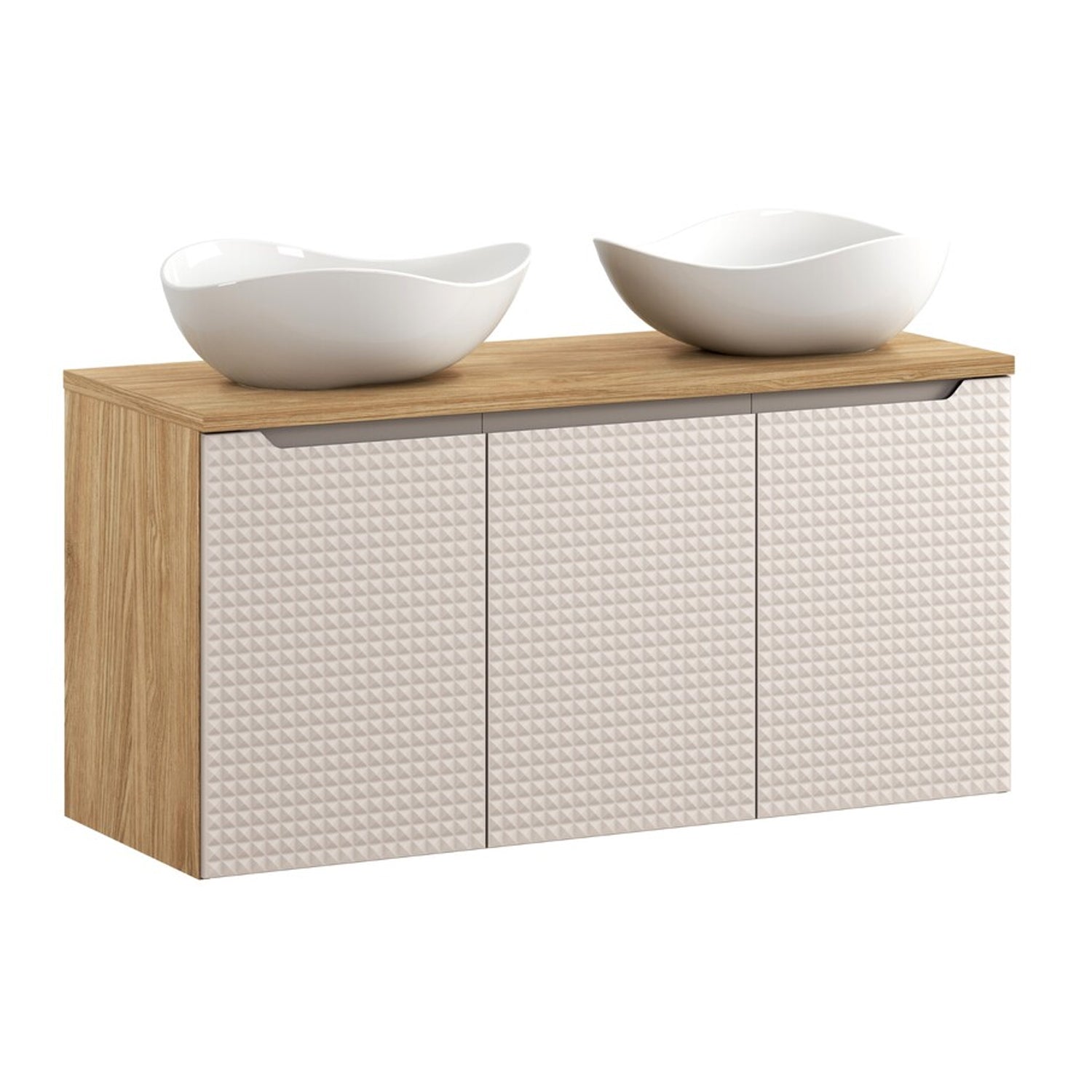 Luxor 3D Diamond Pattern 3 Door Bathroom Vanity Cabinet with 2 Round Worktop Basins 120cm - Oak / Beige