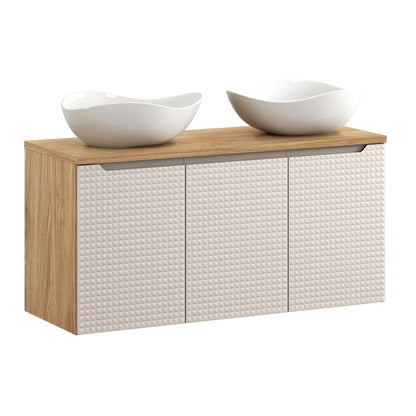 Luxor 3D Diamond Pattern 3 Door Bathroom Vanity Cabinet with 2 Round Worktop Basins 120cm - Oak / Beige