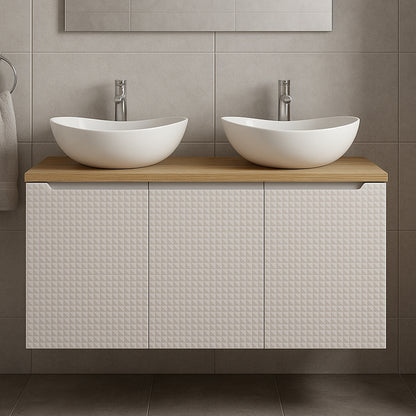 Luxor 3D Diamond Pattern 3 Door Bathroom Vanity Cabinet with 2 Round Worktop Basins 120cm - Oak / Beige