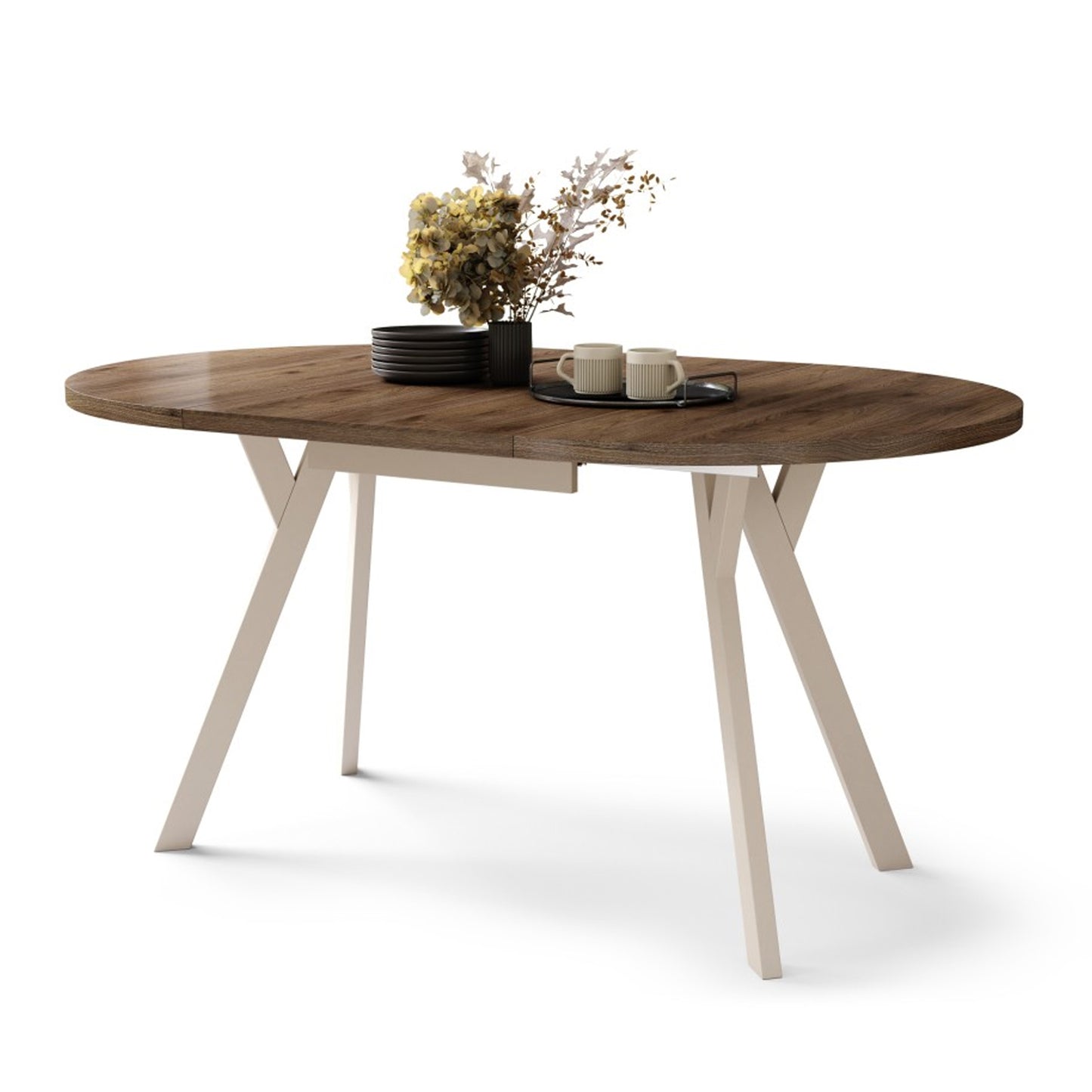 Aldo Modern Round to Oval Extending Dining Table with Steel Legs 90cm - Elegant Walnut / Beige