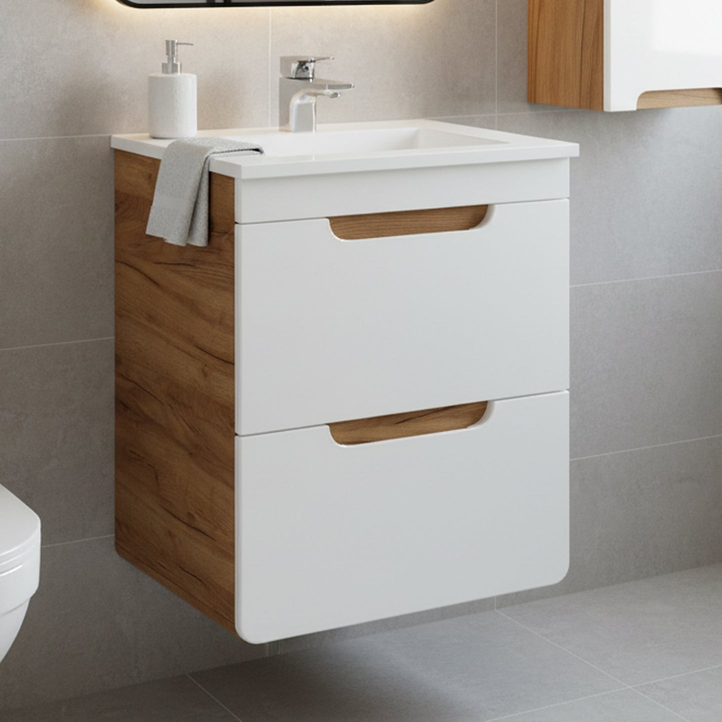Aruba 2 Drawer Bathroom Cabinet Vanity Unit 50cm with Built-In Basin - Gold Craft Oak / White Gloss