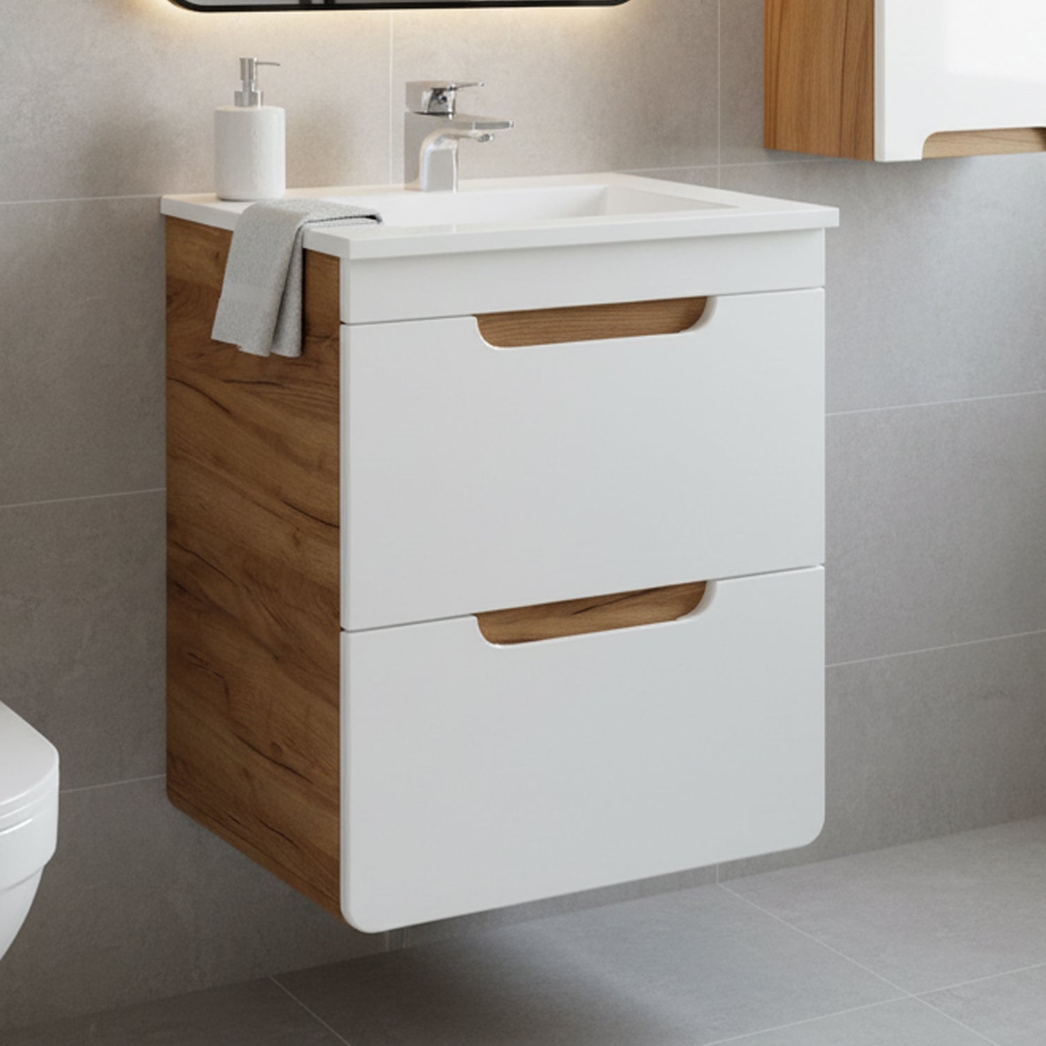 Aruba 2 Drawer Bathroom Cabinet Vanity Unit 50cm with Built-In Basin - Gold Craft Oak / White Gloss