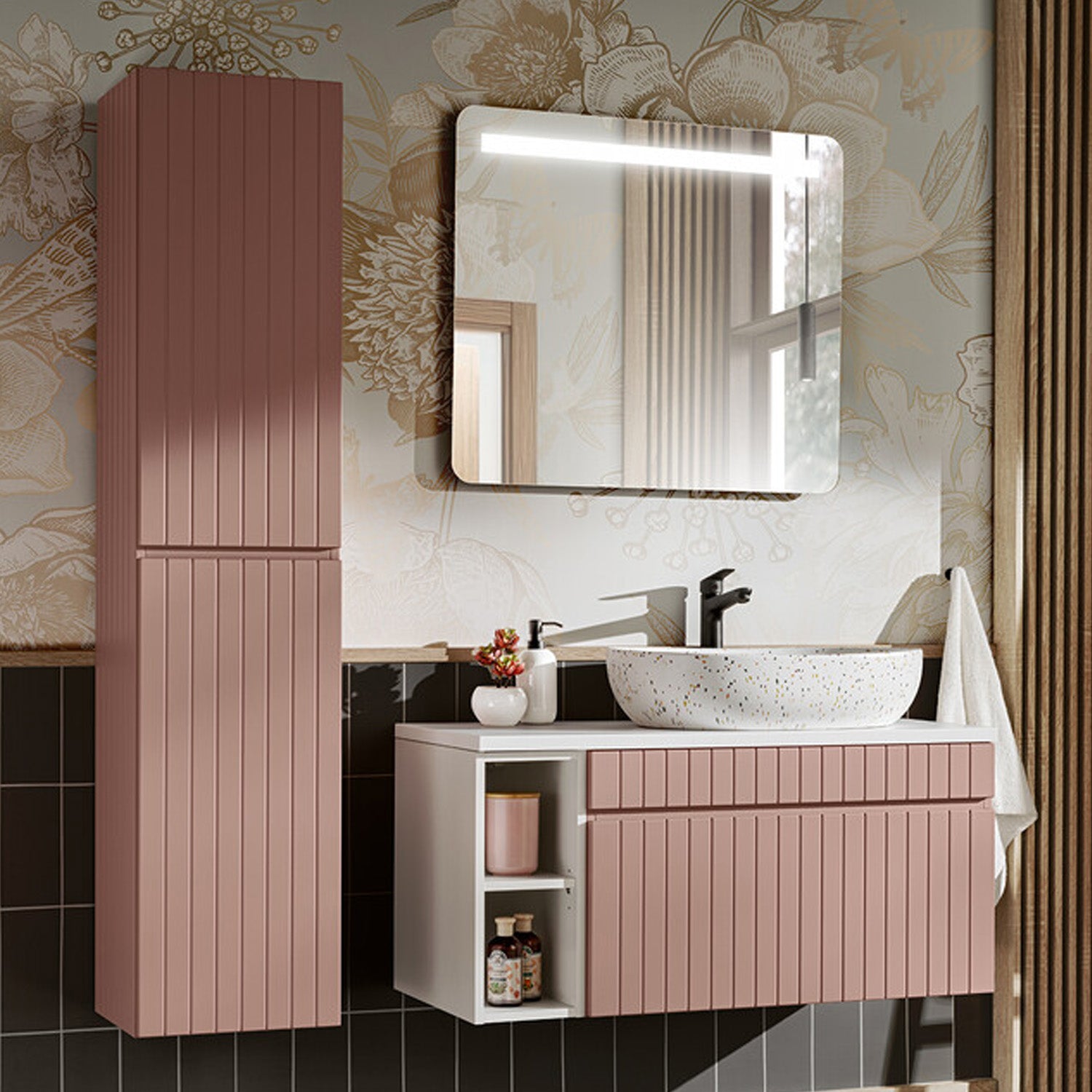 Iconic Bathroom Wall Mounted 100cm Vanity Unit Set with Tall Cabinet, Mirror and Worktop Basin - Rose