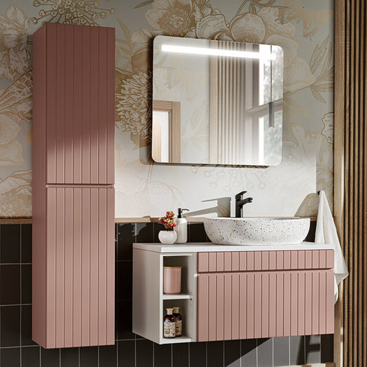 Iconic Bathroom Wall Mounted 100cm Vanity Unit Set with Tall Cabinet, Mirror and Worktop Basin - Rose