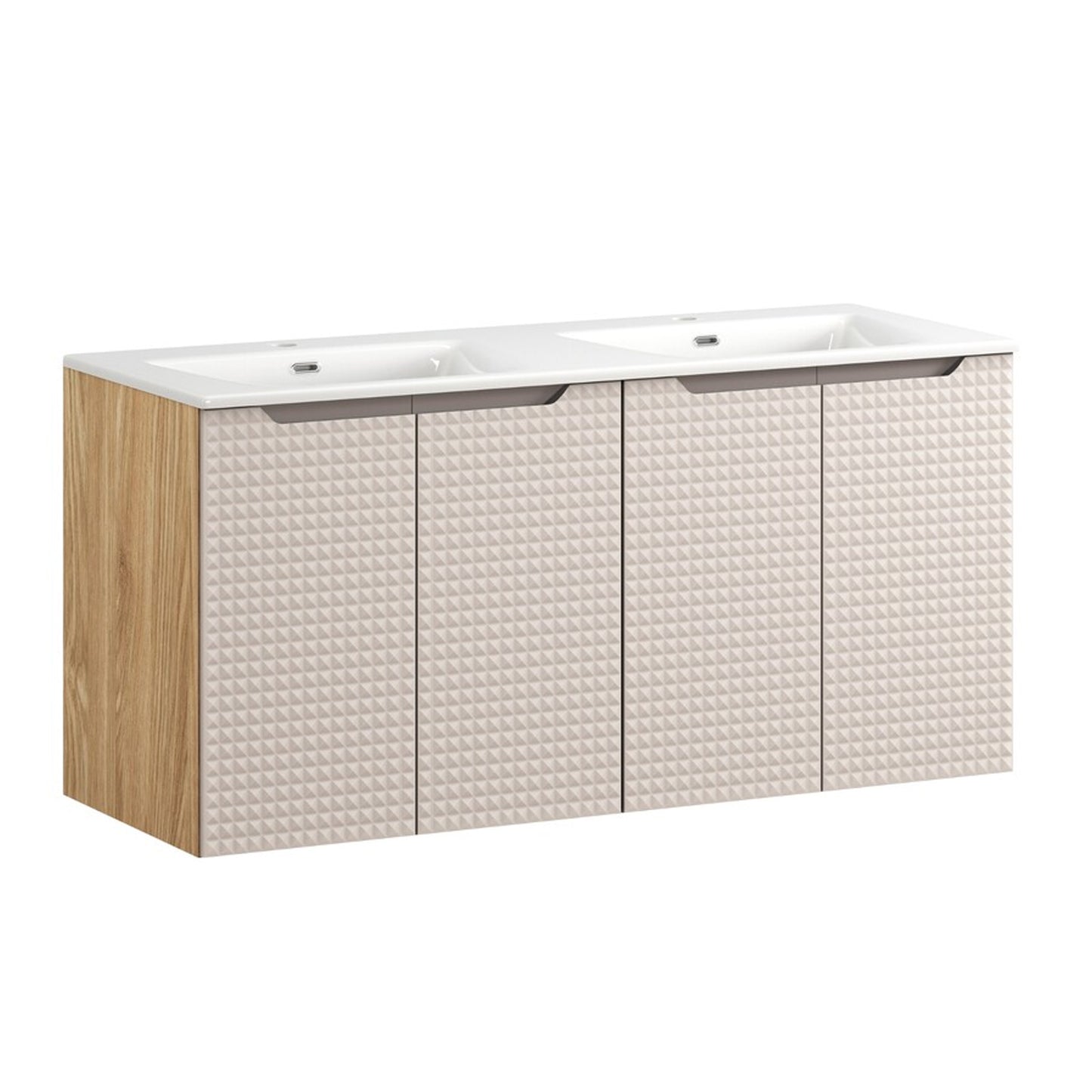 Luxor 3D Diamond Pattern 4 Door Bathroom Vanity Cabinet with Built-In Basin 120cm - Oak / Beige