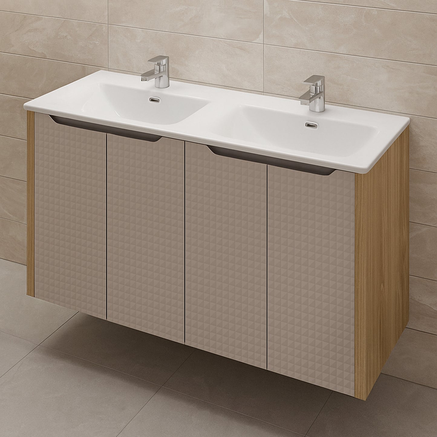 Luxor 3D Diamond Pattern 4 Door Bathroom Vanity Cabinet with Built-In Basin 120cm - Oak / Beige