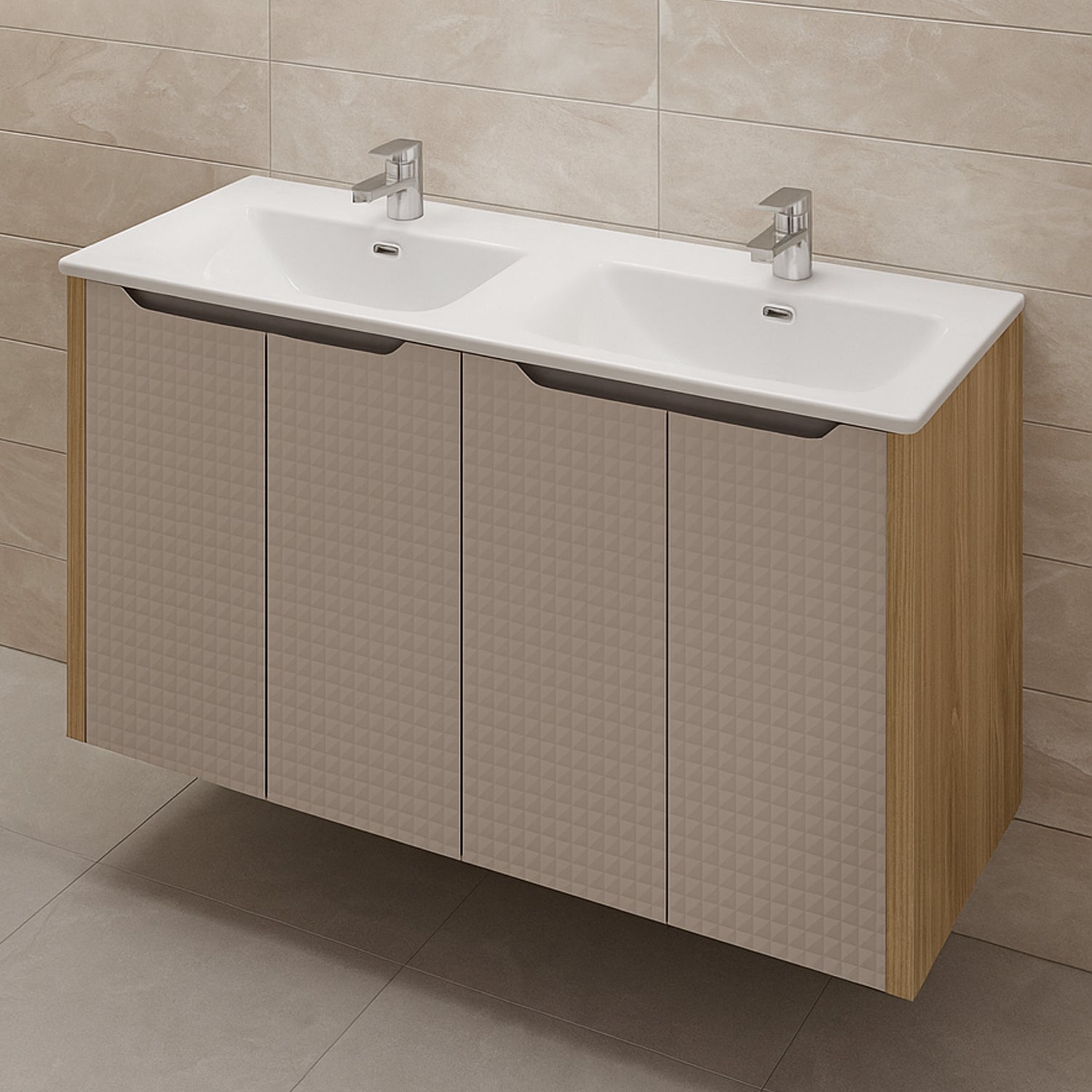 Luxor 3D Diamond Pattern 4 Door Bathroom Vanity Cabinet with Built-In Basin 120cm - Oak / Beige