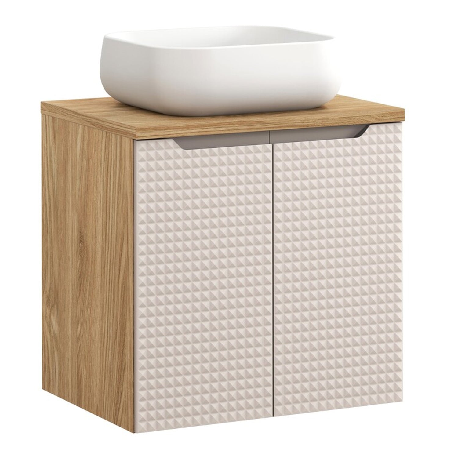 Luxor 3D Diamond Pattern 2 Door Bathroom Vanity Cabinet with Square Worktop Basin 60cm - Oak / Beige