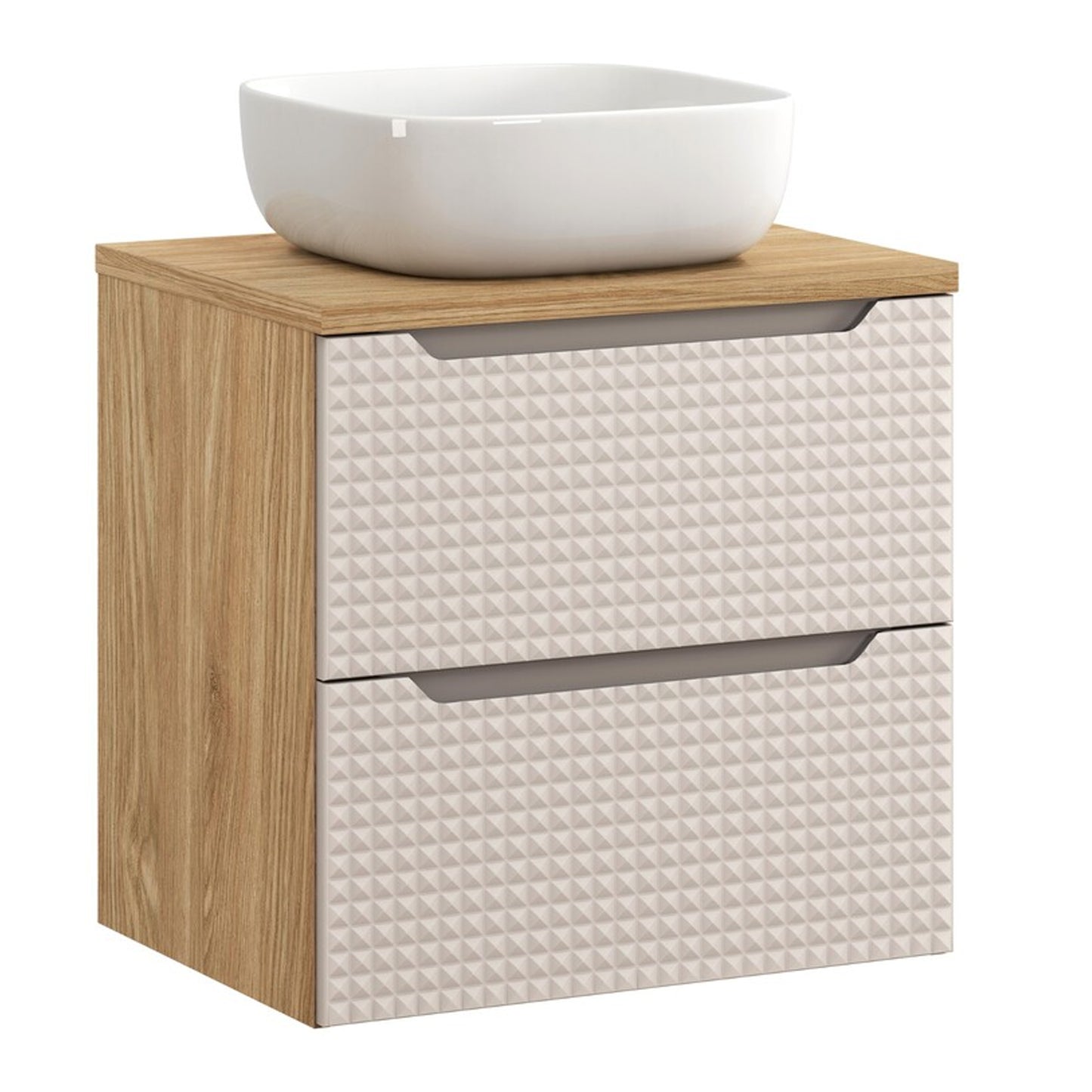 Luxor 3D Diamond Pattern 2 Drawer Bathroom Vanity Cabinet with Square Worktop Basin 60cm - Oak / Beige