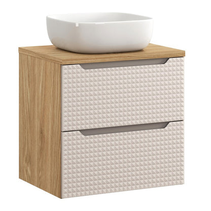 Luxor 3D Diamond Pattern 2 Drawer Bathroom Vanity Cabinet with Square Worktop Basin 60cm - Oak / Beige