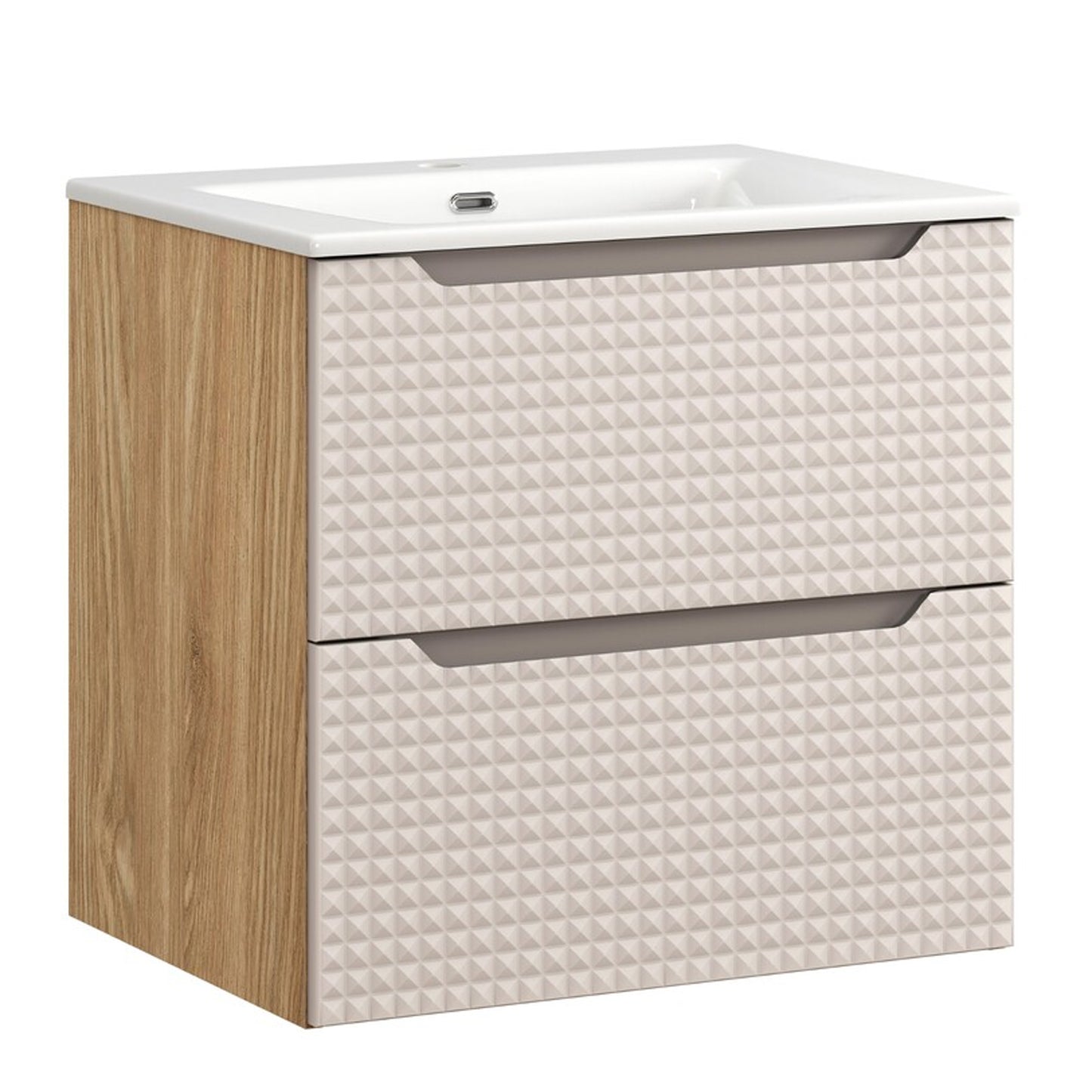 Luxor 3D Diamond Pattern 2 Drawer Bathroom Vanity Cabinet with Built-In Basin 60cm - Oak / Beige