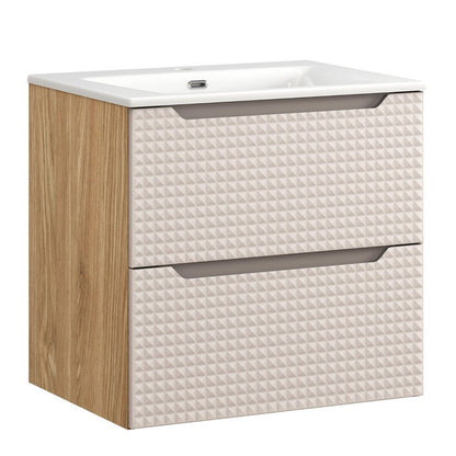 Luxor 3D Diamond Pattern 2 Drawer Bathroom Vanity Cabinet with Built-In Basin 60cm - Oak / Beige