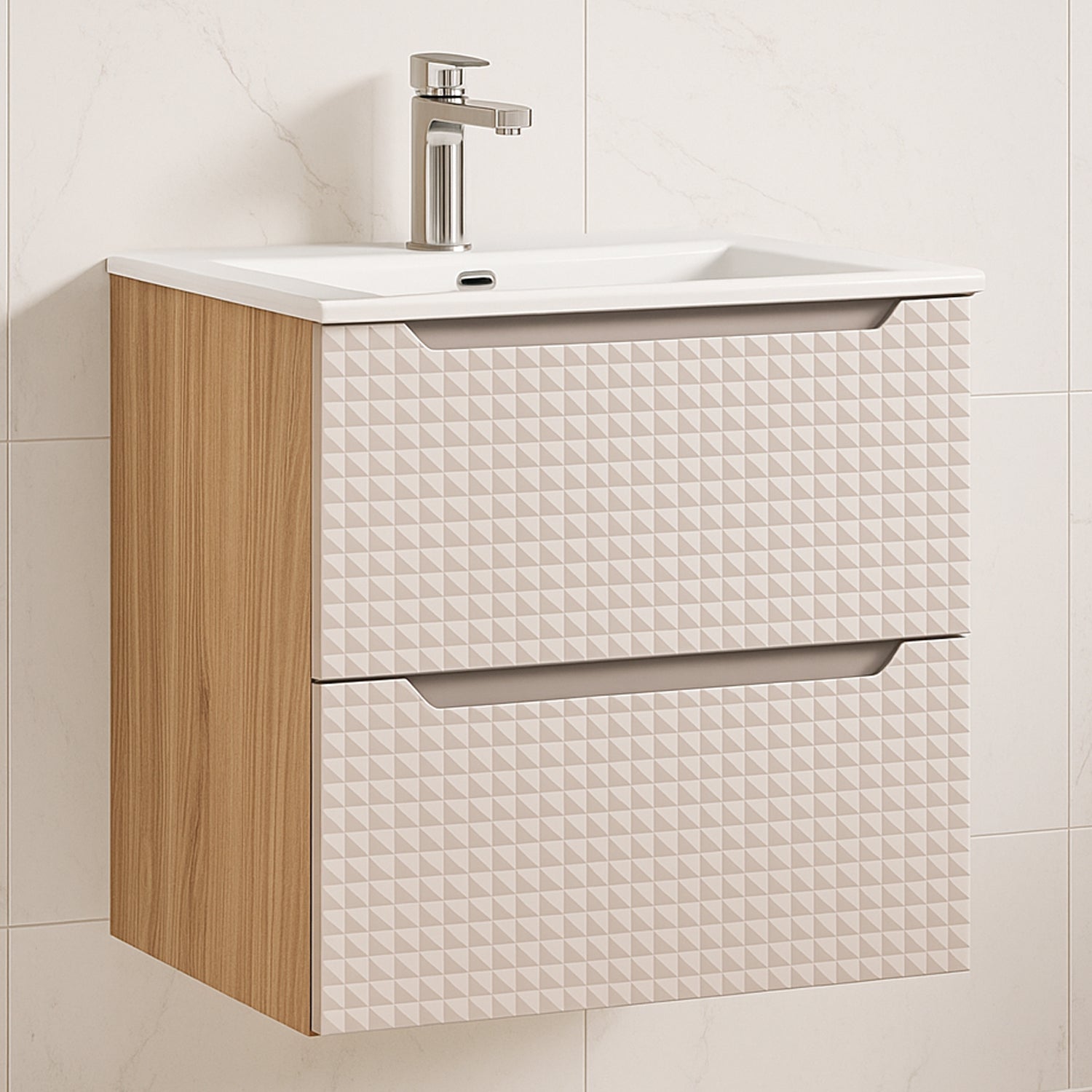 Luxor 3D Diamond Pattern 2 Drawer Bathroom Vanity Cabinet with Built-In Basin 60cm - Oak / Beige
