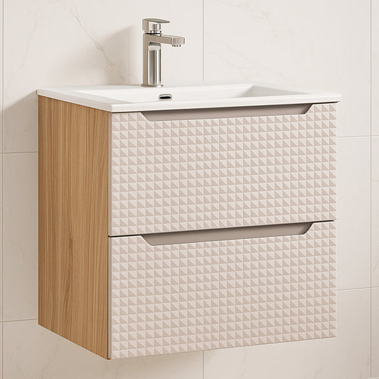 Luxor 3D Diamond Pattern 2 Drawer Bathroom Vanity Cabinet with Built-In Basin 60cm - Oak / Beige
